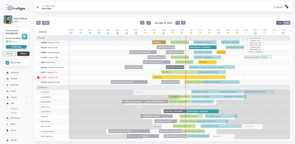 Screenshot of the PreFlight scheduling interface showing a detailed flight booking schedule for Thursday, May 16, 2024. The interface displays a list of aircraft and instructors on the left side, with a time grid spanning 12 AM to 11 PM horizontally across the top. Various flights and maintenance slots are booked throughout the day, with color-coded bars indicating different activities and reservations. Weather conditions are displayed above the time grid, and detailed flight and maintenance information appears when hovering over specific time slots. The user's profile, account balance, and navigation menu are visible on the left side of the screen.