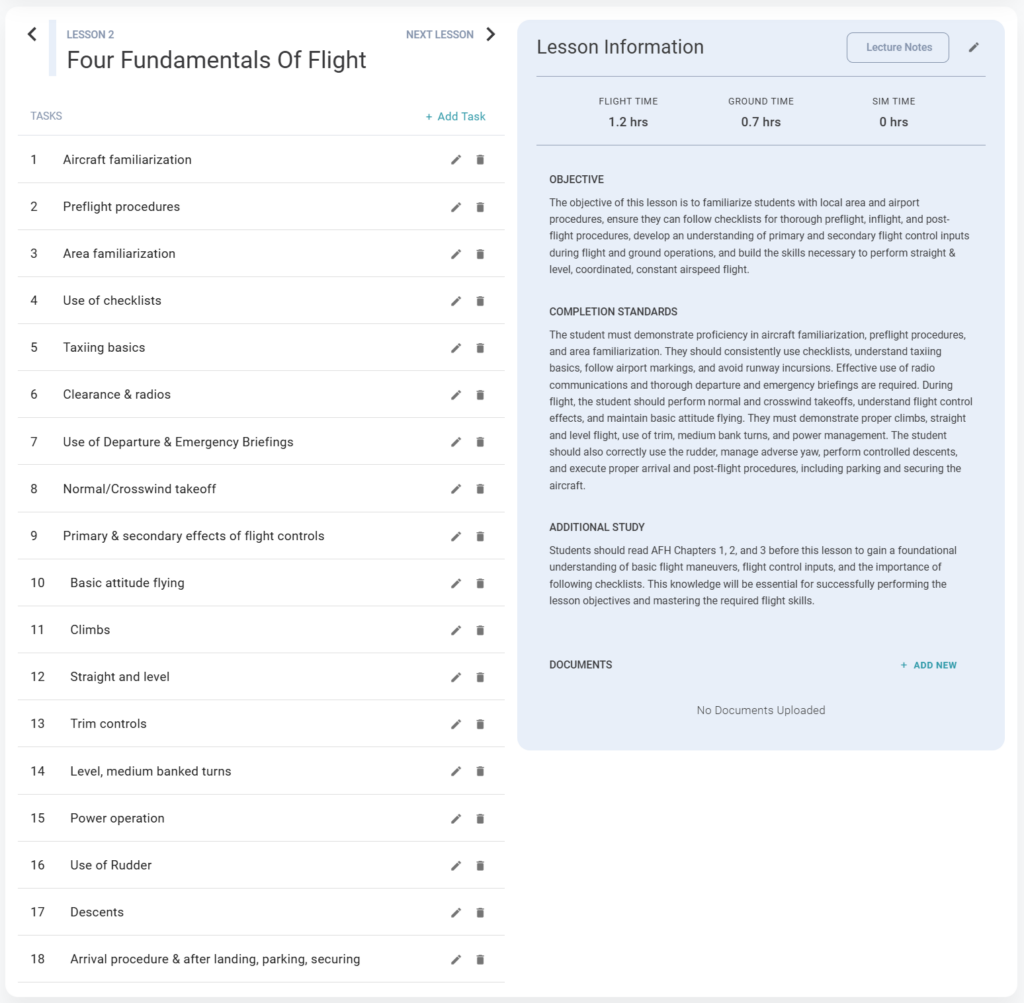 PreFlight lesson module screen for Lesson 2: Four Fundamentals of Flight. The left panel lists 18 tasks such as Aircraft familiarization, Preflight procedures, Use of checklists, and Normal/Crosswind takeoff, each with an edit and delete icon. The right panel contains Lesson Information, including flight time (1.2 hrs), ground time (0.7 hrs), and sim time (0 hrs). The Objective section describes familiarizing students with procedures, flight controls, and coordinated flight. Completion Standards outline proficiency in preflight procedures, checklists, and flight maneuvers. The Additional Study section references chapters in the Airplane Flying Handbook (AFH). A section for Documents allows adding new files. Designed for flight schools to manage structured lesson plans and training objectives efficiently.