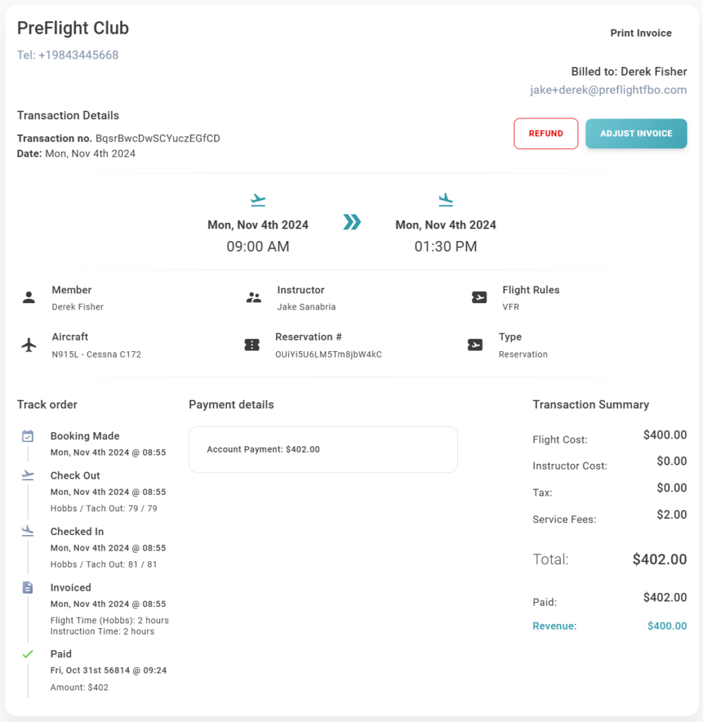 PreFlight Club transaction details for a flight reservation on November 4th, 2024, from 9:00 AM to 1:30 PM. The member is Derek Fisher, with instructor Jake Sanabria, flying a Cessna 172 (tail number N915L) under VFR flight rules. The reservation number is QUIY5U6LM5TmBjW4KC. The track order shows booking, check-out, and check-in times, with Hobbs and tach readings logged. Payment details indicate an account payment of $402.00, with a breakdown of flight cost ($400.00), service fees ($2.00), and a total paid amount of $402.00. Options to REFUND or ADJUST INVOICE are available. Designed for flight schools to manage reservations, payments, and transaction summaries efficiently.