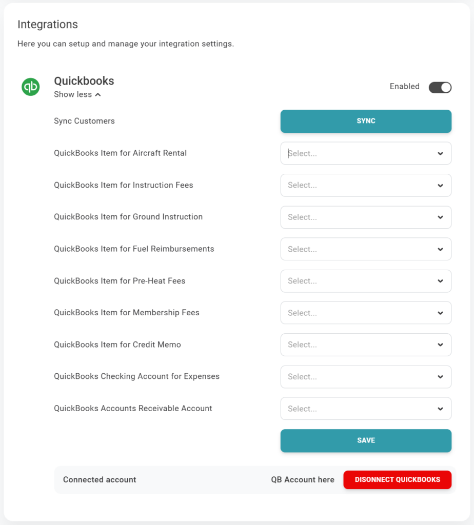 PreFlight integrations settings screen for connecting with QuickBooks. The interface shows options to enable or disable the integration and synchronize customer data via the SYNC button. Dropdown menus are available to map QuickBooks items for categories like Aircraft Rental, Instruction Fees, Ground Instruction, Fuel Reimbursements, Pre-Heat Fees, and Membership Fees. There are also fields for selecting a QuickBooks Checking Account for Expenses and a QuickBooks Accounts Receivable Account. A SAVE button confirms changes, and a DISCONNECT QUICKBOOKS button allows for disconnection. Designed to streamline billing and financial management for flight schools and clubs.