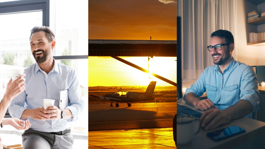 Collage showing a flight school manager enjoying a coffee break, an aircraft parked at sunset, and a smiling instructor working on a computer, highlighting the efficiency and ease provided by aviation scheduling software in managing daily operations.