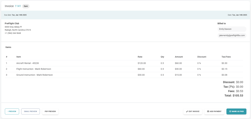 PreFlight Club Invoice 1141 – A professional flight school invoice with aircraft rental, flight instruction, and ground instruction listed. Features include real-time tax/fee calculation and payment options. Simplified billing for seamless aviation operations.