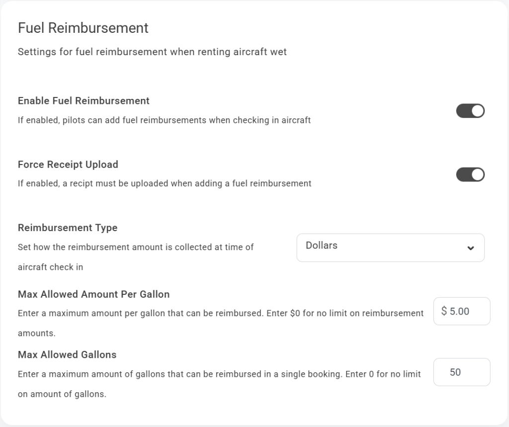 Fuel Reimbursement settings in PreFlight for wet aircraft rentals. Includes options to enable reimbursements, require receipt uploads, set reimbursement type (dollars or gallons), and define maximum reimbursement limits per gallon and total gallons. Simplified fuel expense tracking for flight schools and clubs.